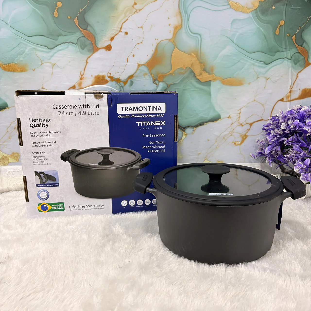 AM7408 Tramontina TITANEX Pre-Seasoned Cast Iron Casserole - 24 cm - Image 2