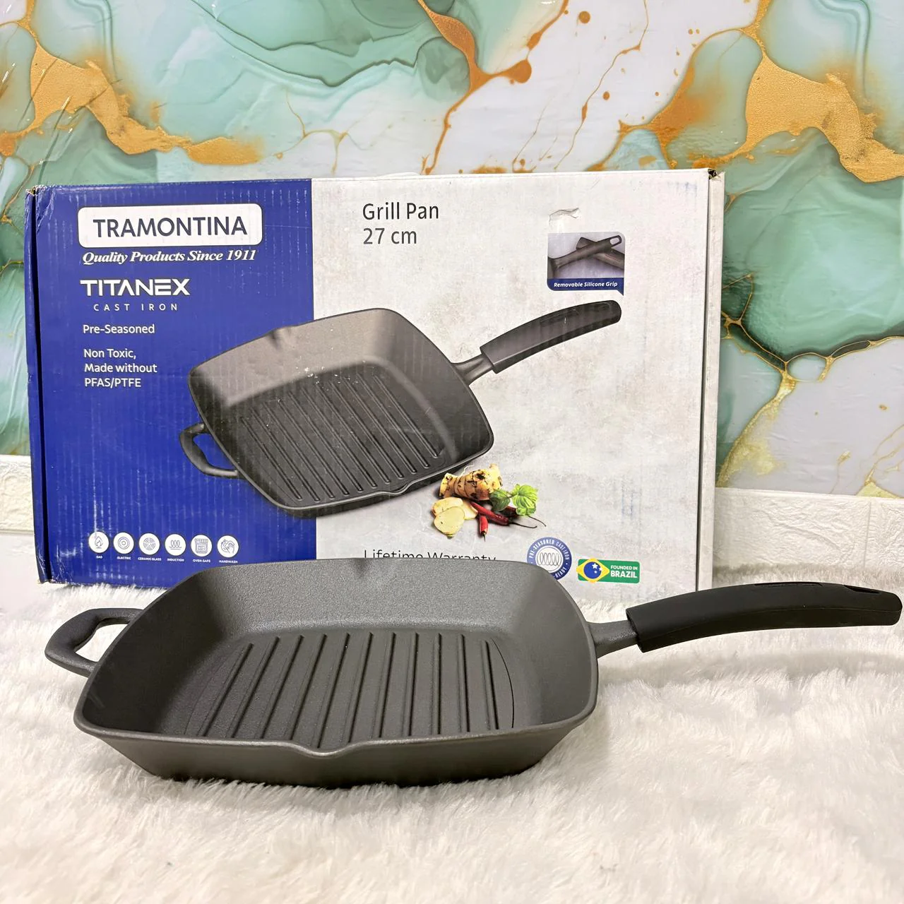 AM7410 Tramontina TITANEX Pre-Seasoned Cast Iron Grill Pan (27 cm) - Image 2