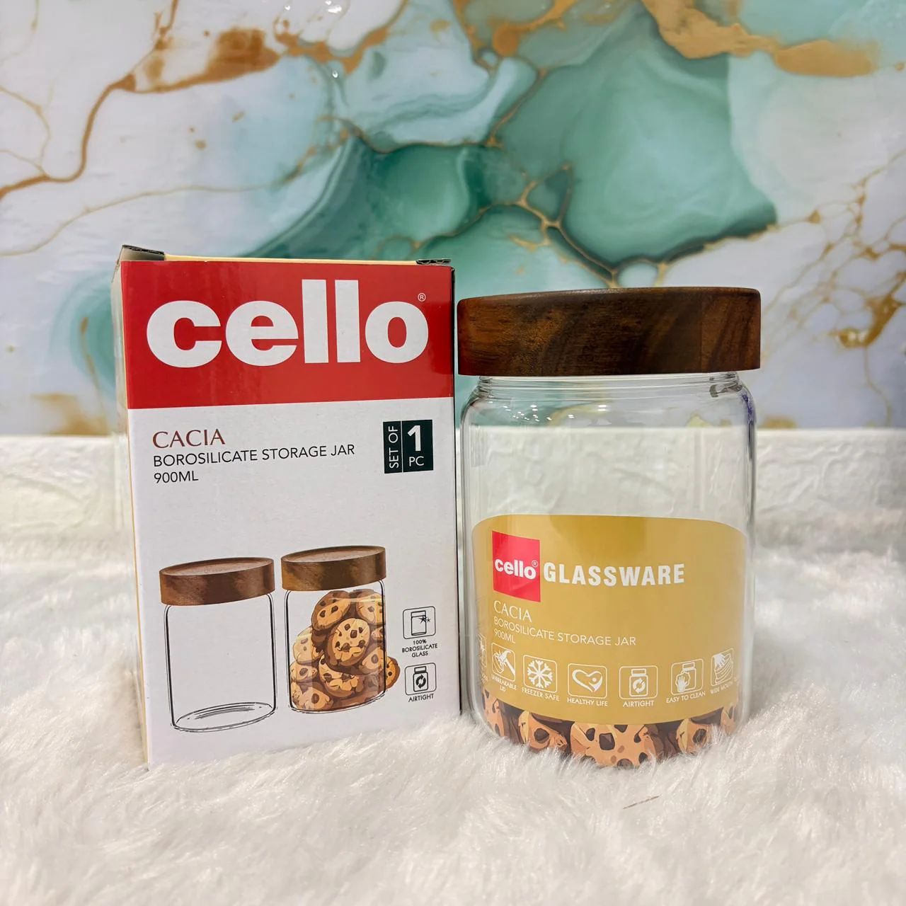 AM7438 Cello Cacia Borosilicate Glass Storage Jar with Wooden Lid, 900ml - Image 2