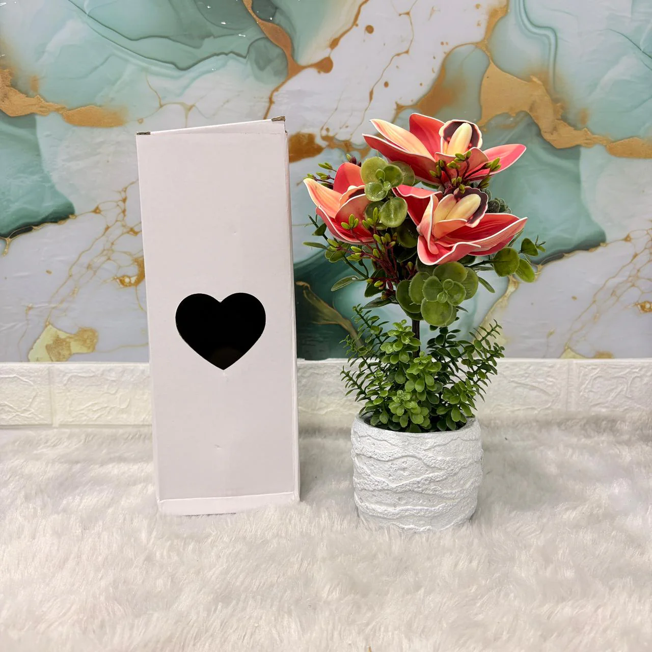 AM7447 Artificial Orchid Potted Plant with Heart-Cutout Gift Box - Image 6