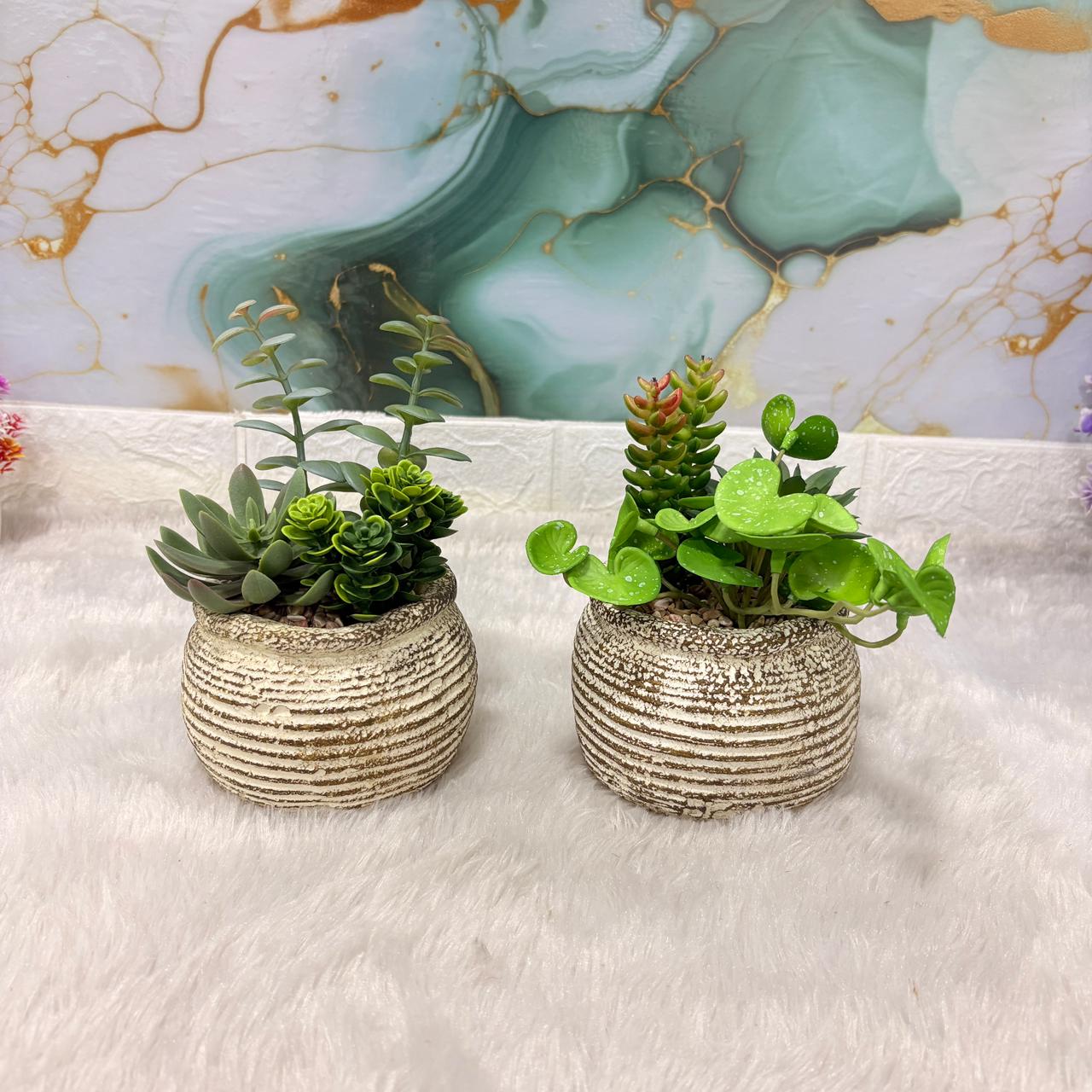 AM7448 Mini Faux Succulent Arrangement in Rustic Ribbed Ceramic Pot - Image 3