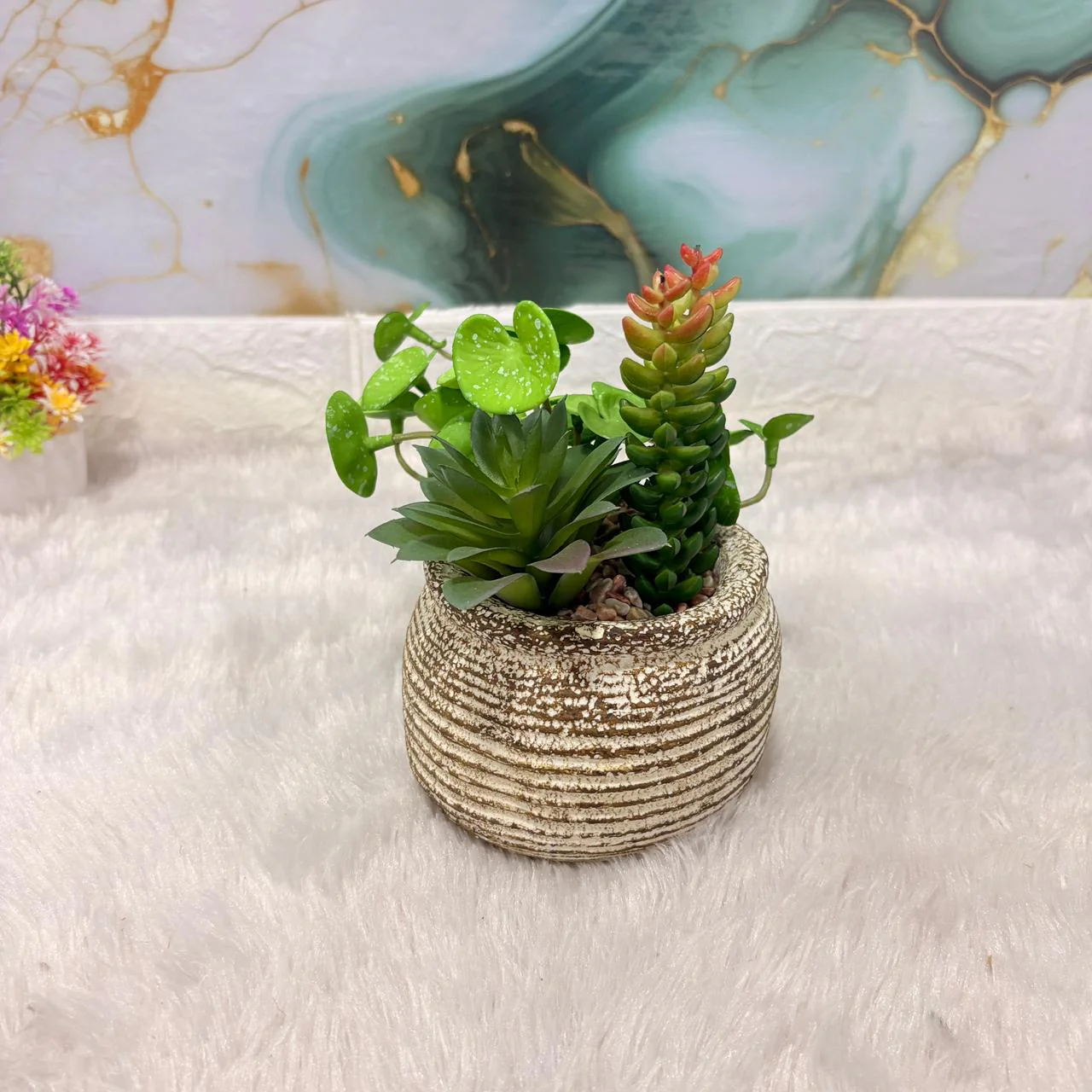 AM7448 Mini Faux Succulent Arrangement in Rustic Ribbed Ceramic Pot - Image 4