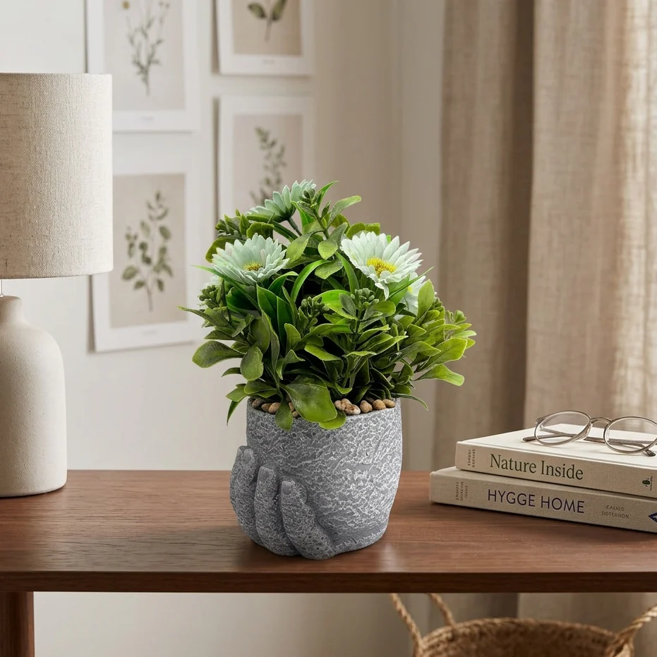 AM7450 Artificial Daisy Plant in Creative Human Hand Shaped Decorative Resin Pot - Image 2