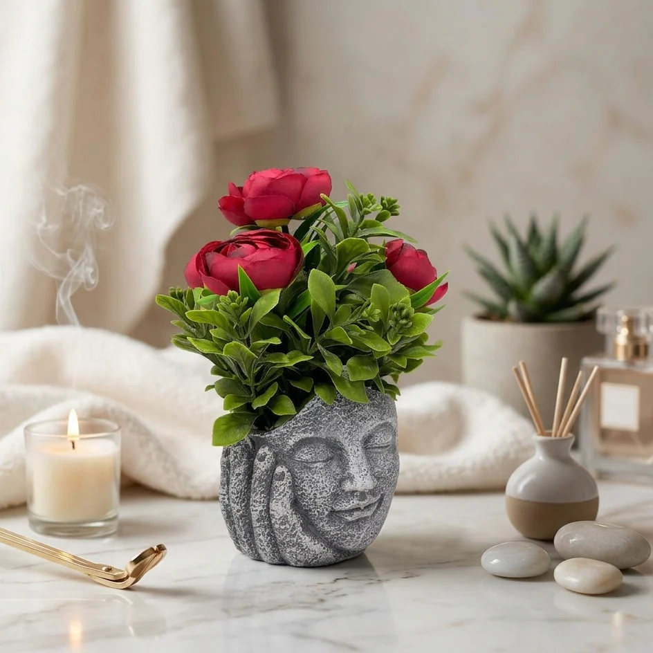 AM7451 Artificial Red Rose Plant in Meditating Face Decorative Resin Pot - Image 2