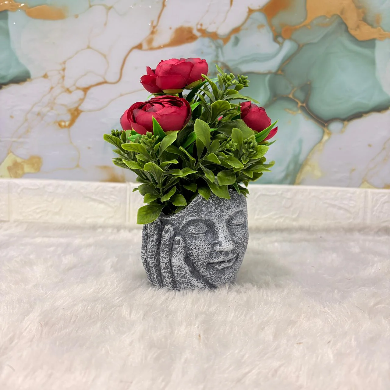 AM7451 Artificial Red Rose Plant in Meditating Face Decorative Resin Pot - Image 3