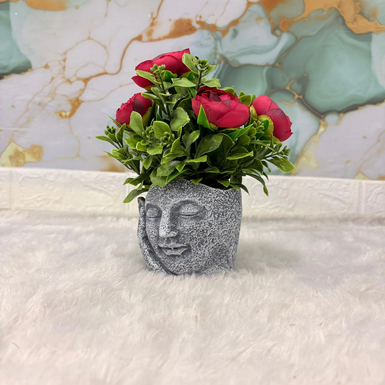 AM7451 Artificial Red Rose Plant in Meditating Face Decorative Resin Pot - Image 4
