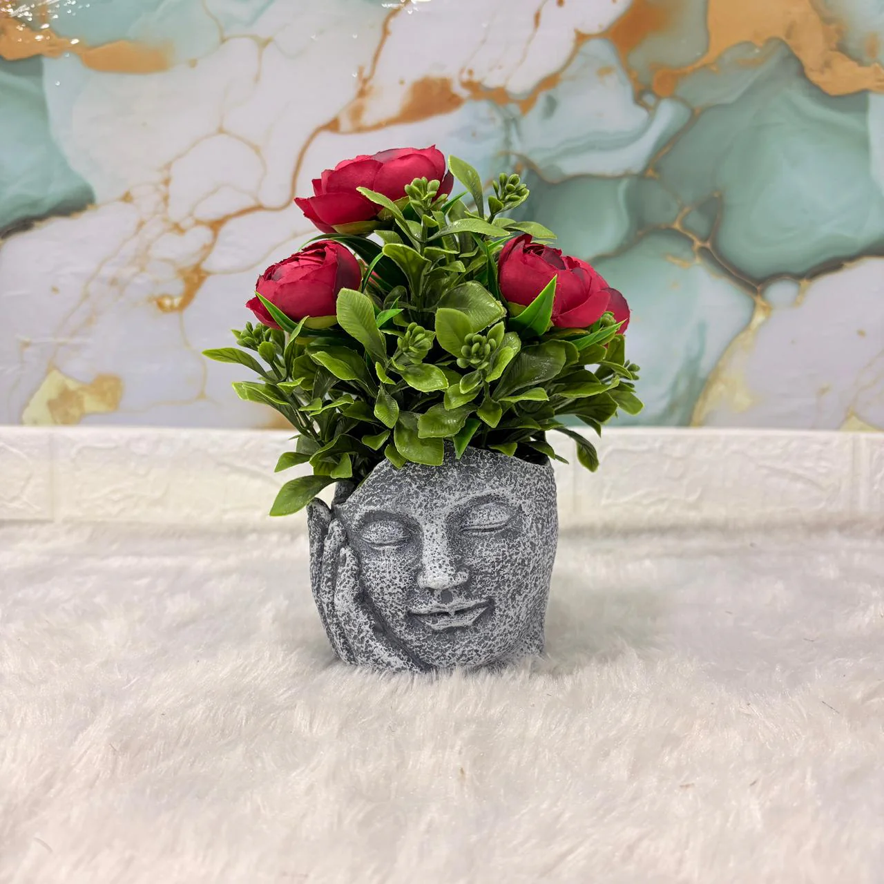 AM7451 Artificial Red Rose Plant in Meditating Face Decorative Resin Pot - Image 5