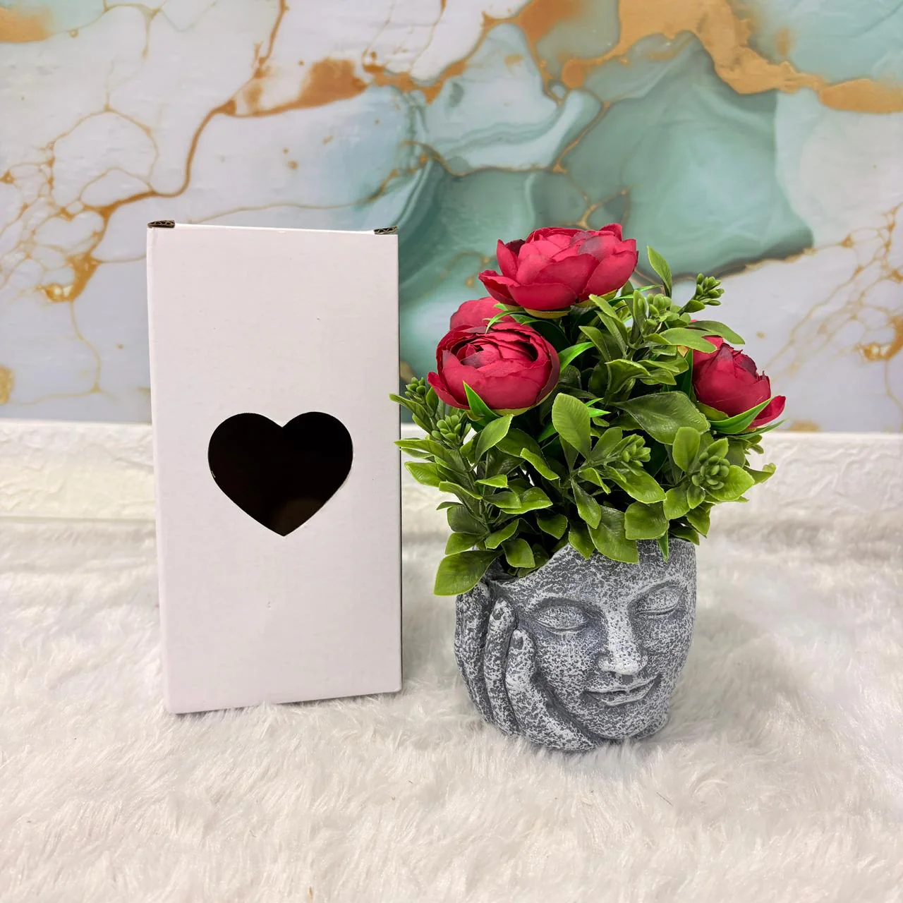 AM7451 Artificial Red Rose Plant in Meditating Face Decorative Resin Pot - Image 6