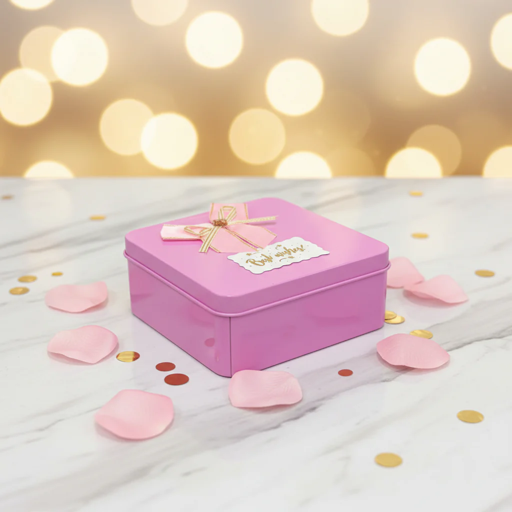 AM7457 Square Metal Gift Tin Box with Decorative Bow and "Best Wishes" Label - Image 2