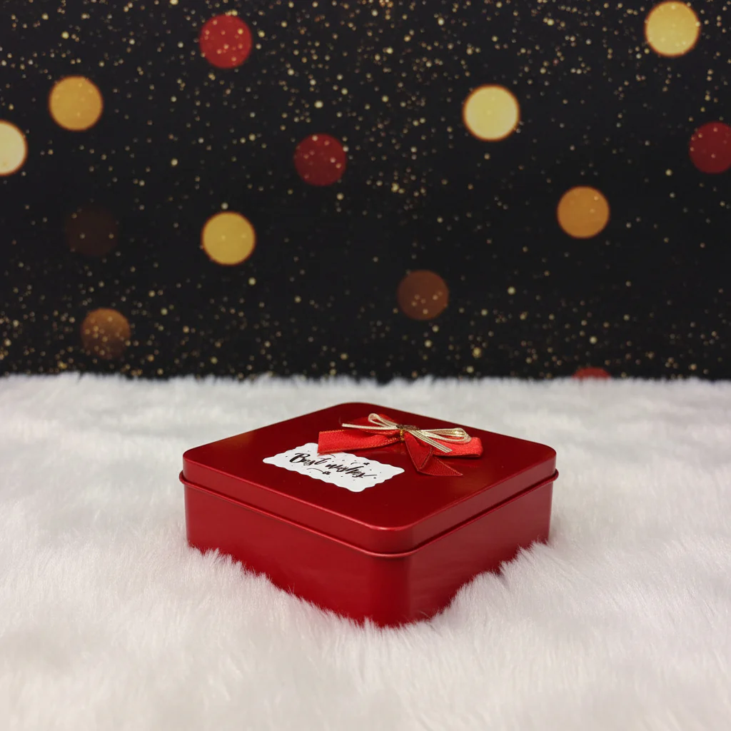 AM7457 Square Metal Gift Tin Box with Decorative Bow and "Best Wishes" Label - Image 3