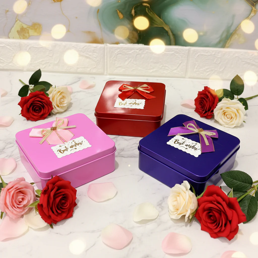 AM7457 Square Metal Gift Tin Box with Decorative Bow and "Best Wishes" Label - Image 4