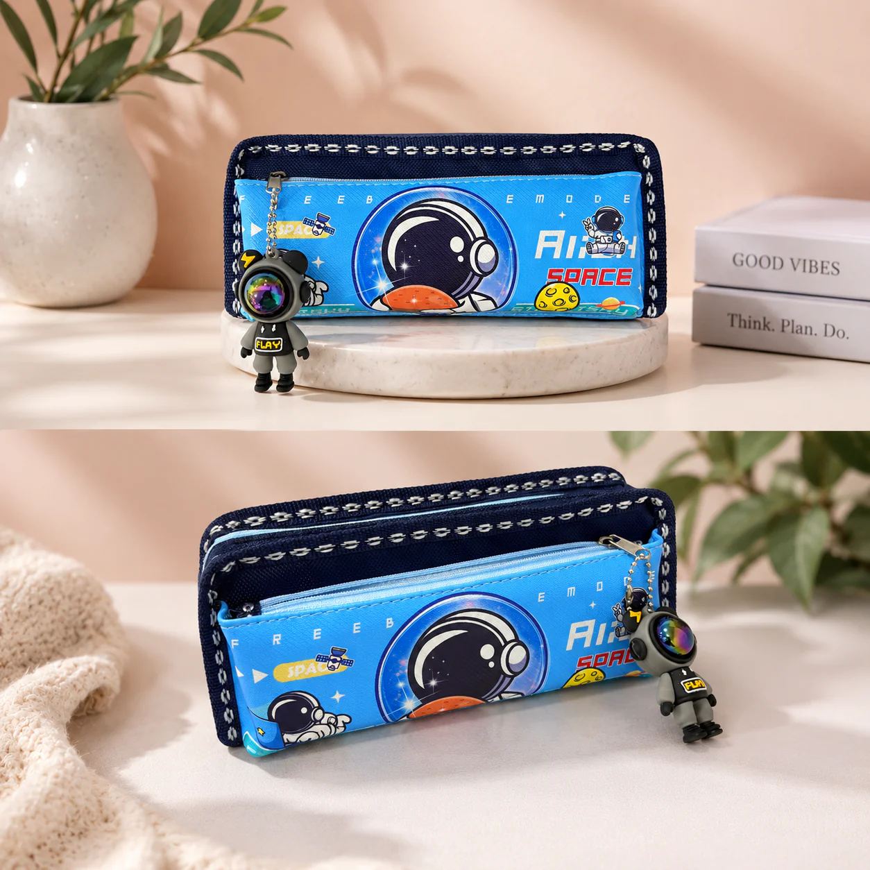 AM7473 Kids Pencil Case with Astronaut Theme, Blue Space Design, Zipper Pouch with Charm