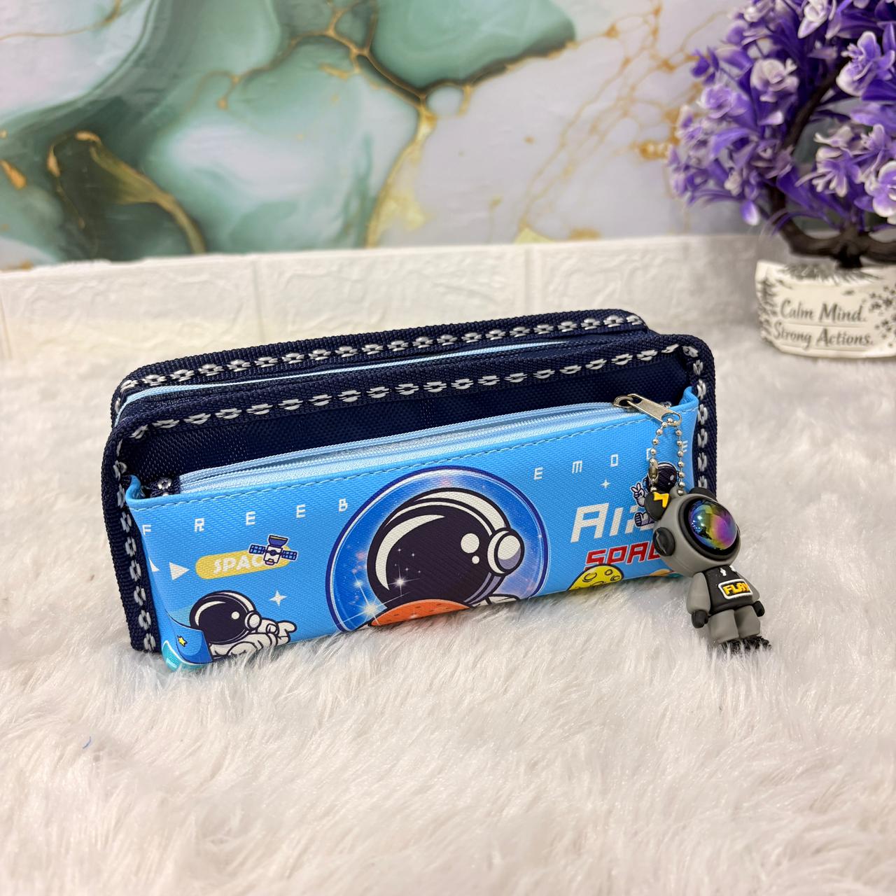 AM7473 Kids Pencil Case with Astronaut Theme, Blue Space Design, Zipper Pouch with Charm - Image 3