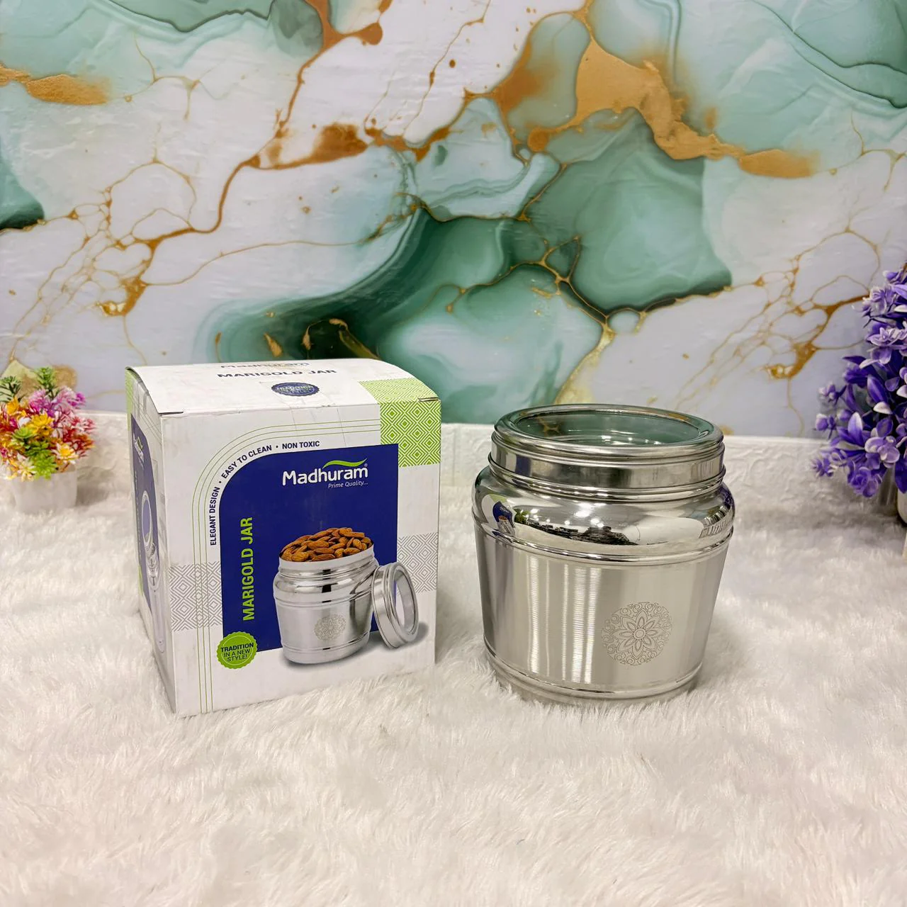 AM7490 Madhuram Marigold Stainless Steel Storage Jar with Transparent Lid (No.2) - Image 2
