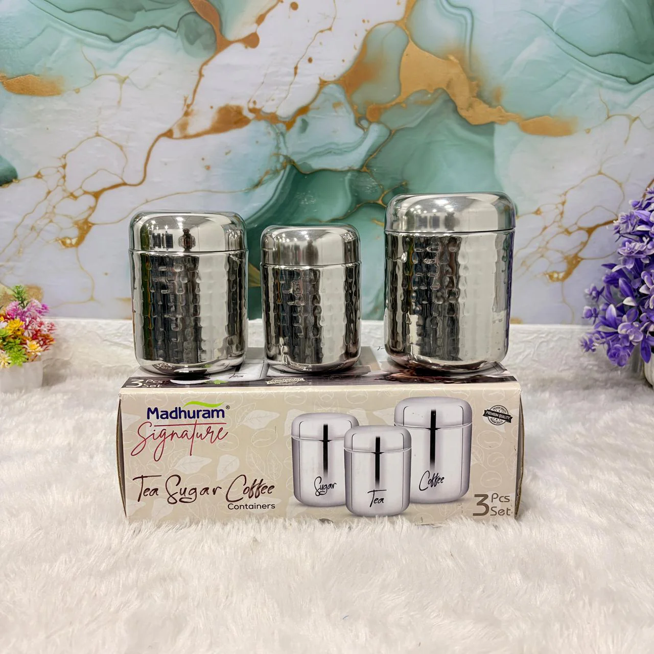 AM7491 Madhuram Signature 3-Piece Hammered Tea, Sugar, & Coffee Container Set - Image 2