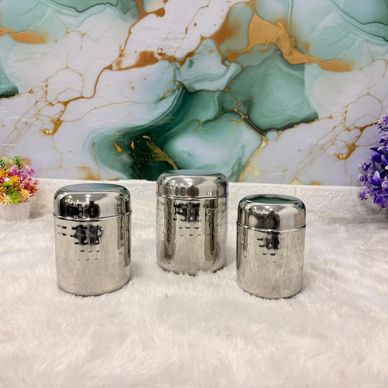 AM7491 Madhuram Signature 3-Piece Hammered Tea, Sugar, & Coffee Container Set - Image 3