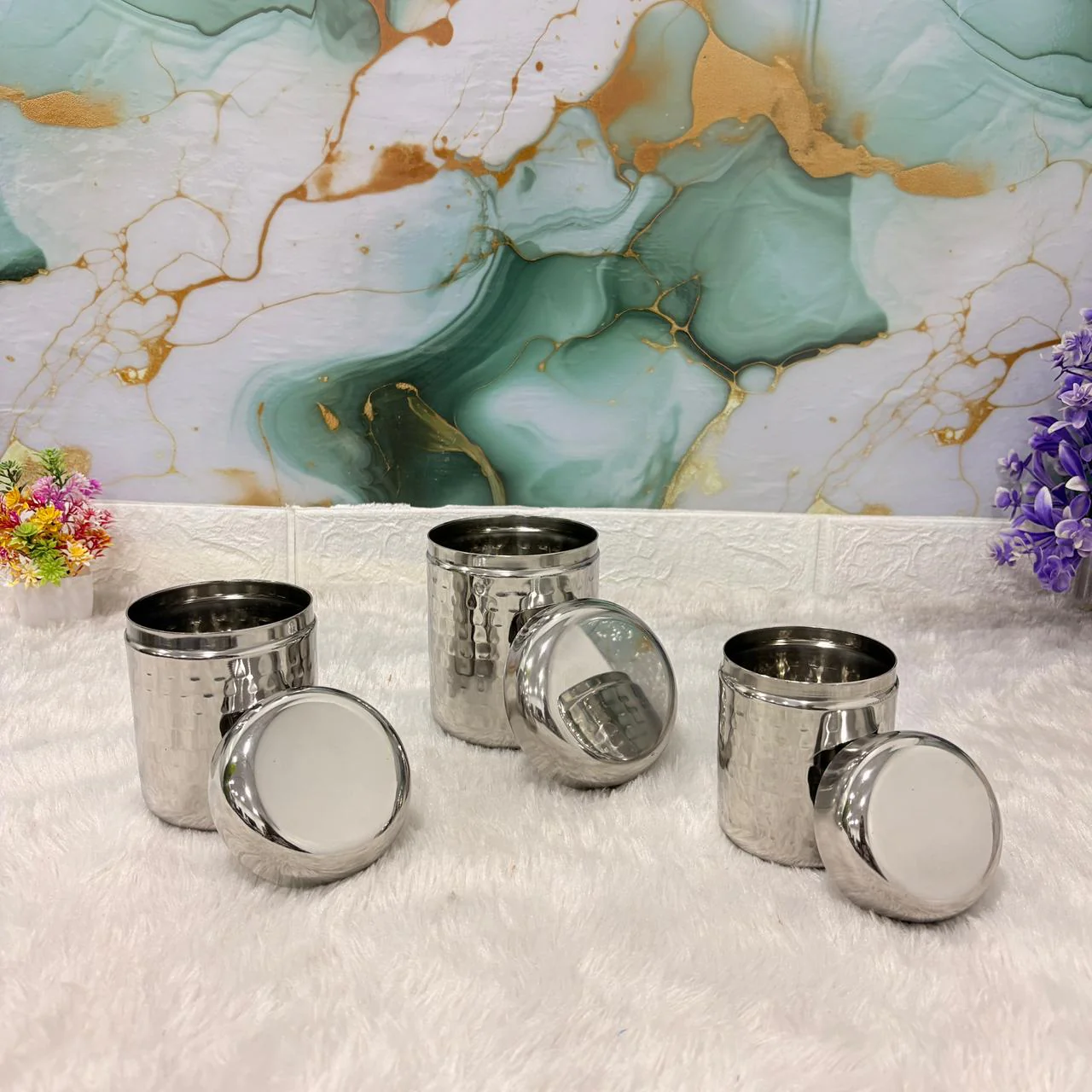 AM7491 Madhuram Signature 3-Piece Hammered Tea, Sugar, & Coffee Container Set - Image 4
