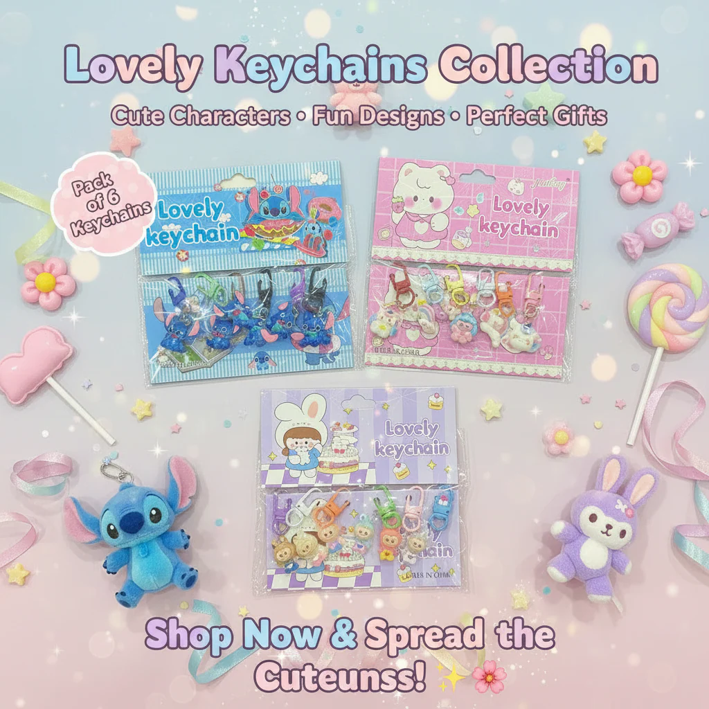 AM7556 Lovely Keychain Set – Pack of 6 Cute Cartoon & Character Keyrings for Bags and Accessories