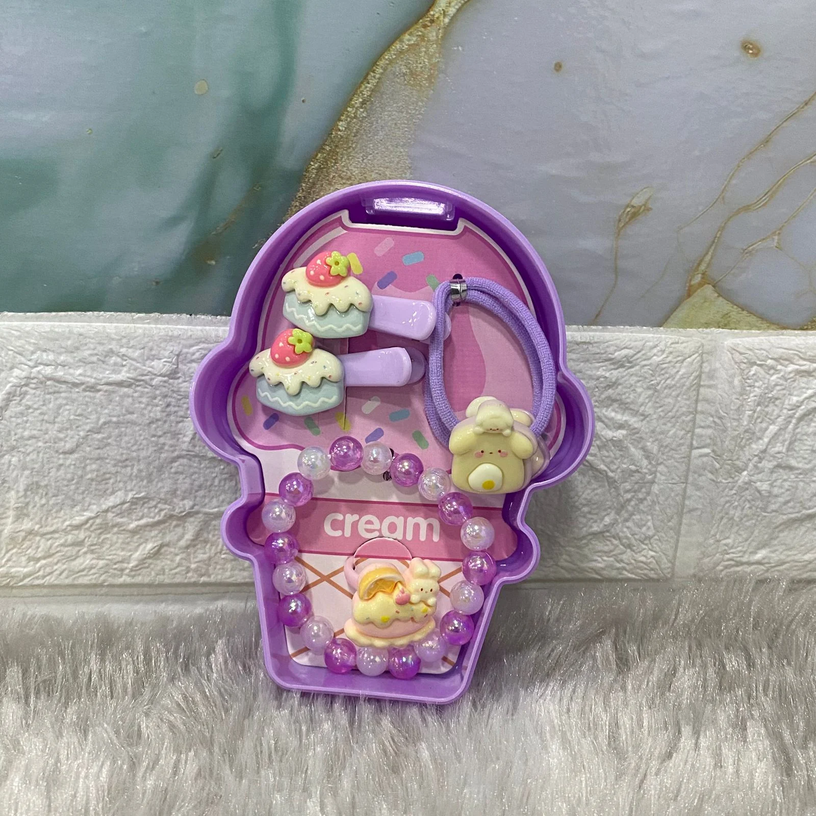 AM7560 Sweet Ice Cream Style Accessory Kit for Kids – Beaded Bracelet, Hair Clips, and Elastic Ties 6088 (1-Pcs) - Image 4