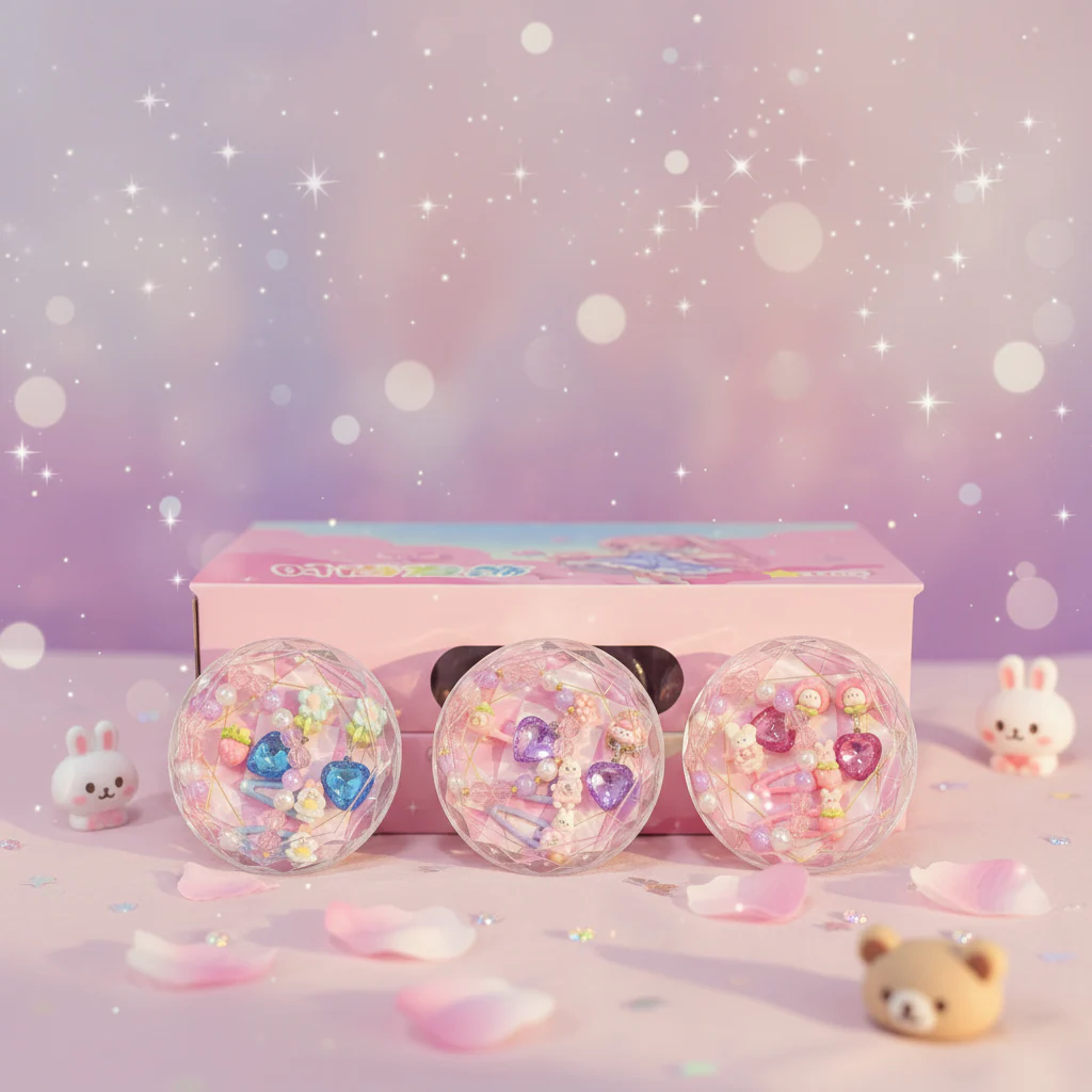 AM7562 Dreamy Crystal Style Jewelry and Hair Accessory Set for Kids in Round Gem Case - Image 2