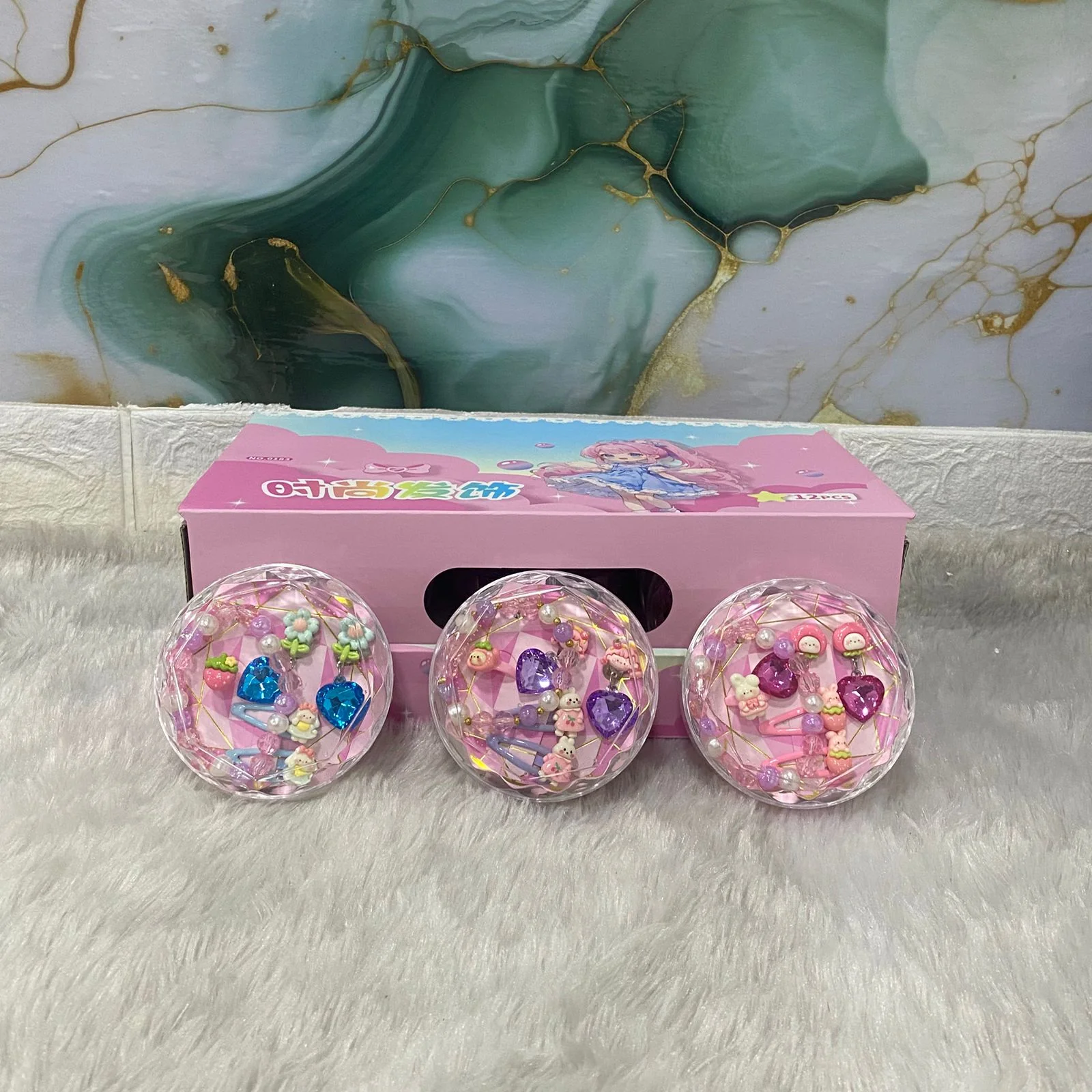 AM7562 Dreamy Crystal Style Jewelry and Hair Accessory Set for Kids in Round Gem Case - Image 3