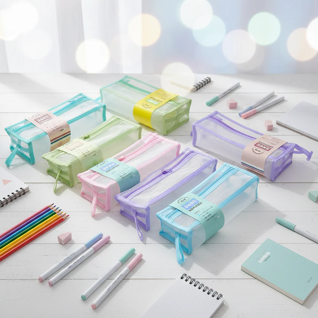 am7564 BOYHOOD Transparent Multi-Compartment Mesh Pencil Case & Stationery Organizer - Image 2