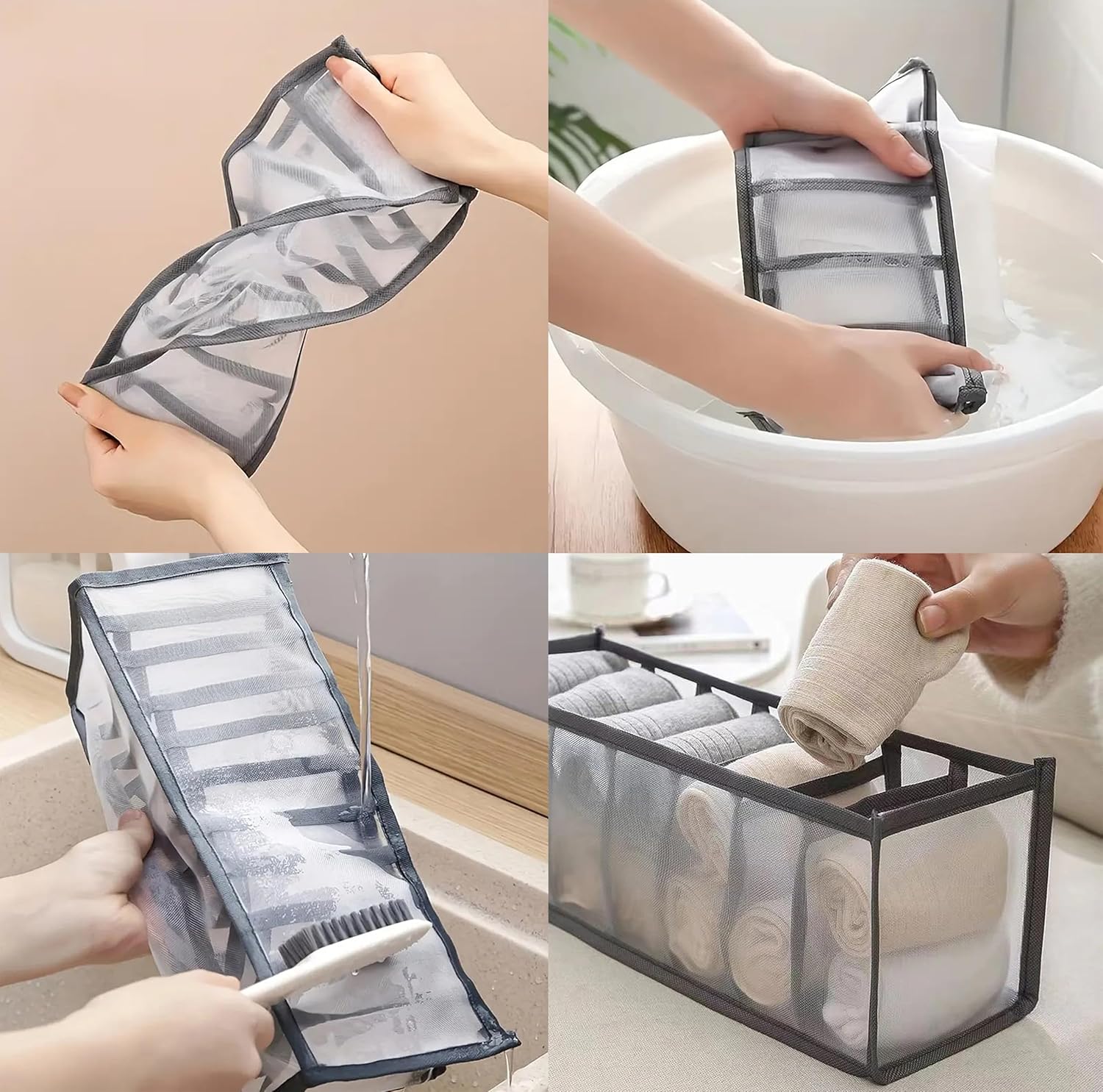 AM7640 Henfang Foldable Mesh Drawer Organizer Grid Storage Box For Bras and Clothes, 7 Compartments - Image 4
