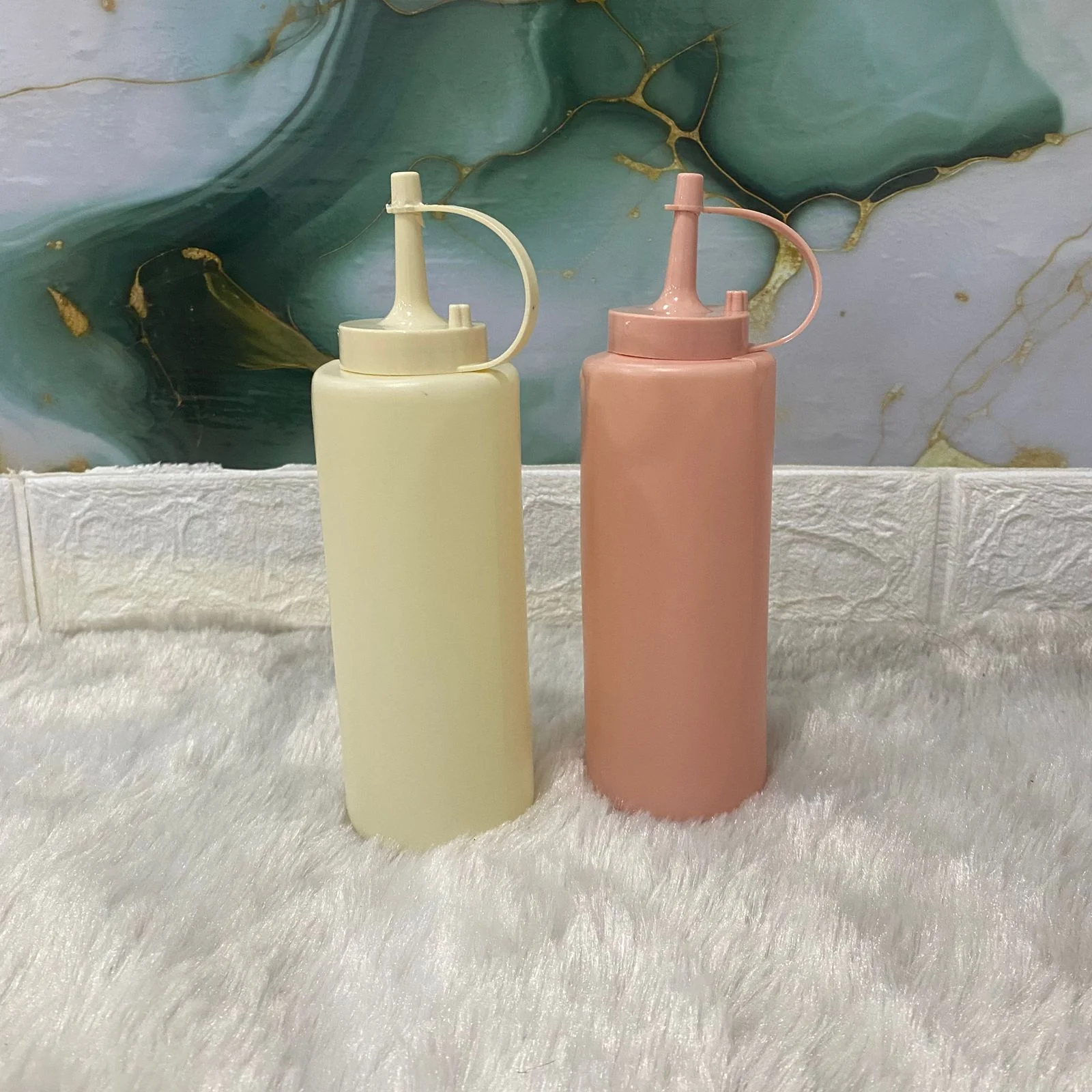 AM7667 Set of Two Pastel Colored Plastic Squeeze Condiment Bottles with Nozzle Caps for Kitchen Use - Image 3