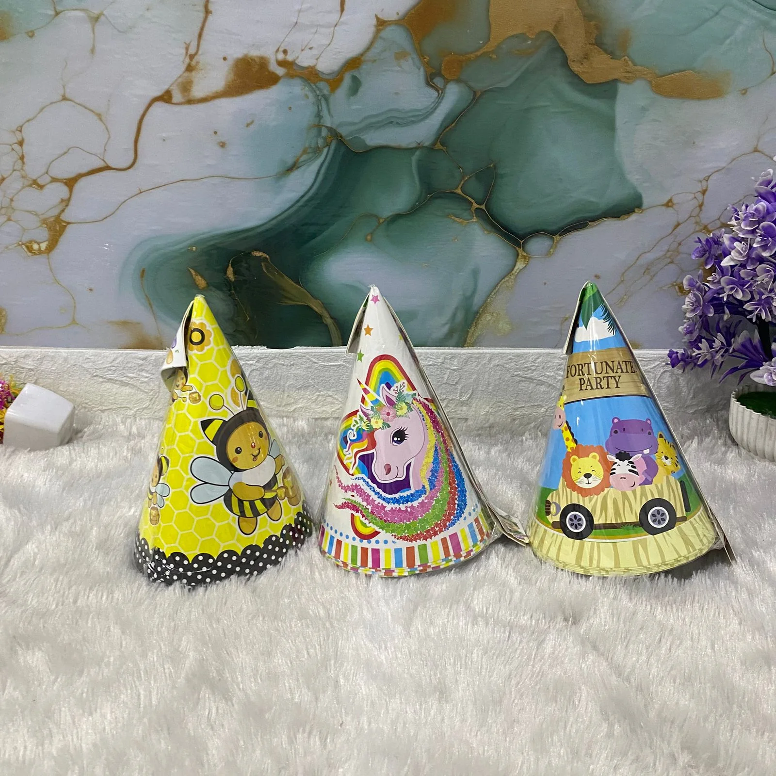 AM7686 Vibrant Multi Theme Birthday Party Cone Hats Pack of 6 for Kids Celebrations - Image 5