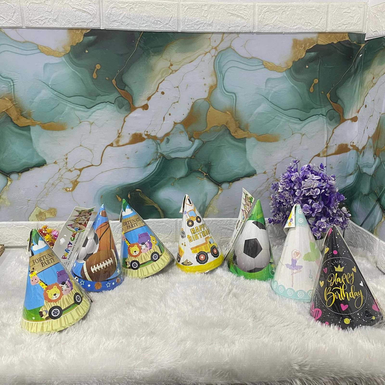 AM7686 Vibrant Multi Theme Birthday Party Cone Hats Pack of 6 for Kids Celebrations - Image 8