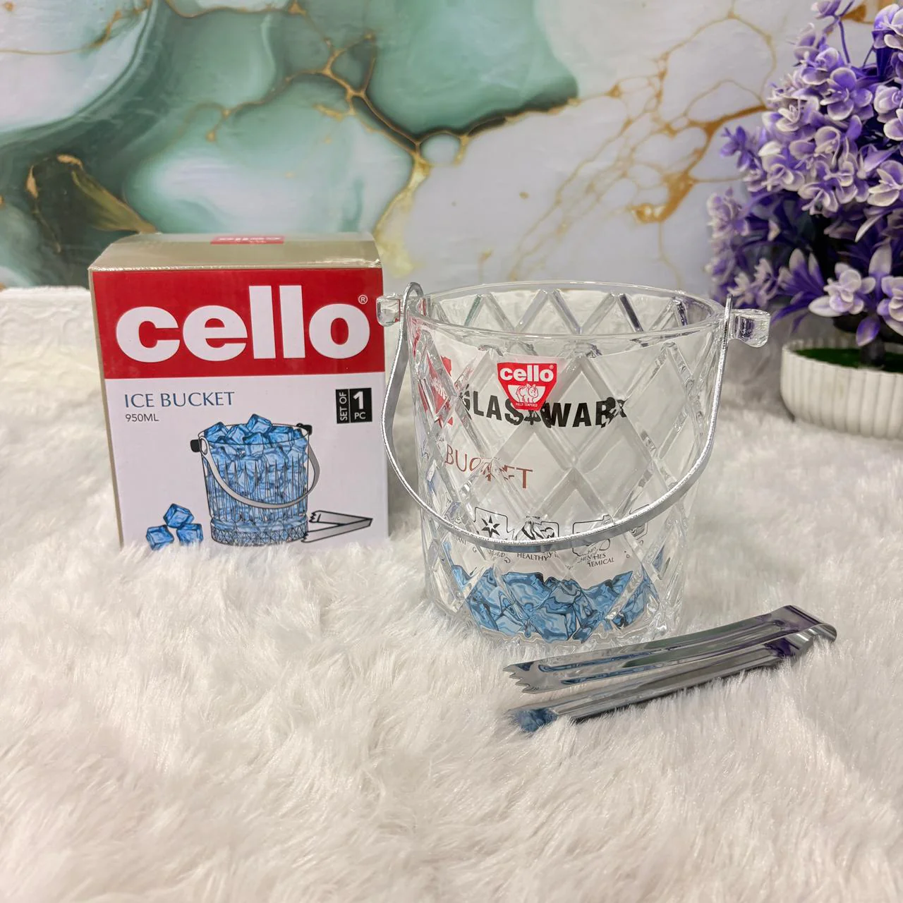 AM7691 Cello Glassware 950ml Premium Crystal Cut Glass Ice Bucket with Stainless Steel Tongs - Image 3