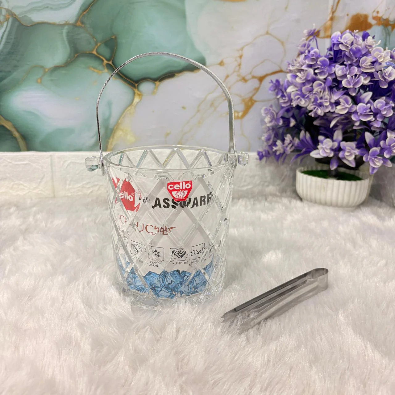 AM7691 Cello Glassware 950ml Premium Crystal Cut Glass Ice Bucket with Stainless Steel Tongs - Image 4
