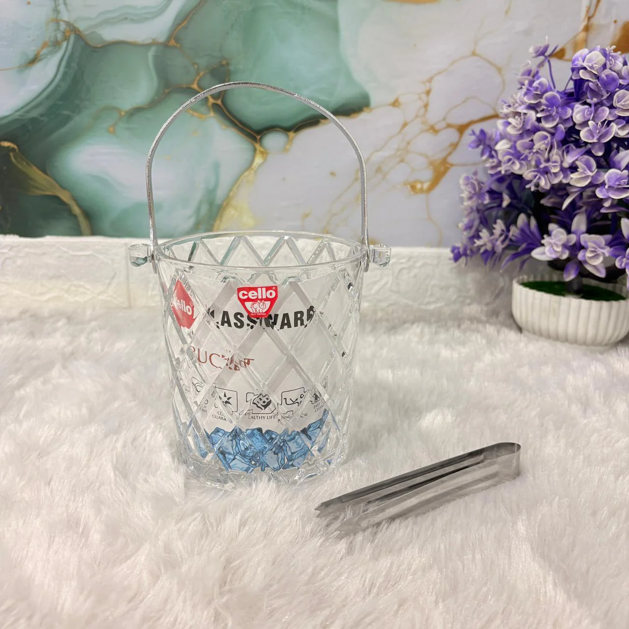 AM7691 Cello Glassware 950ml Premium Crystal Cut Glass Ice Bucket with Stainless Steel Tongs - Image 5