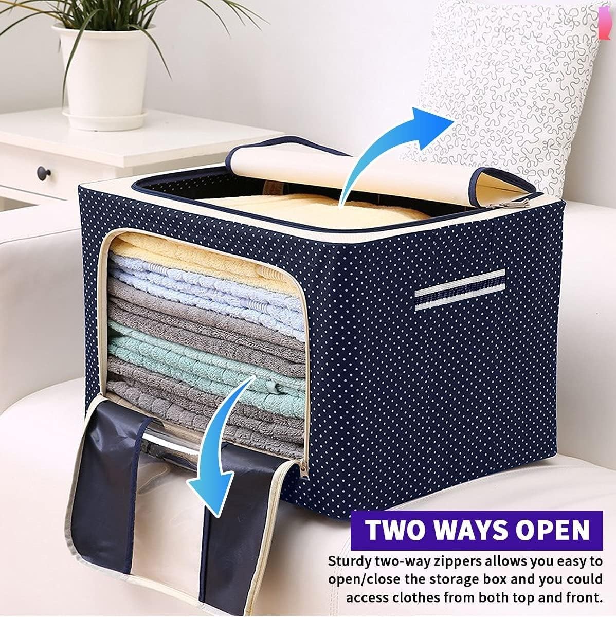 AM7717 Foldable Steel Frame Cloth Organizer for Wardrobe Organizer for Storage Sarees, Shirts, Blankets, Clothes Storage Box with Handle - Image 2
