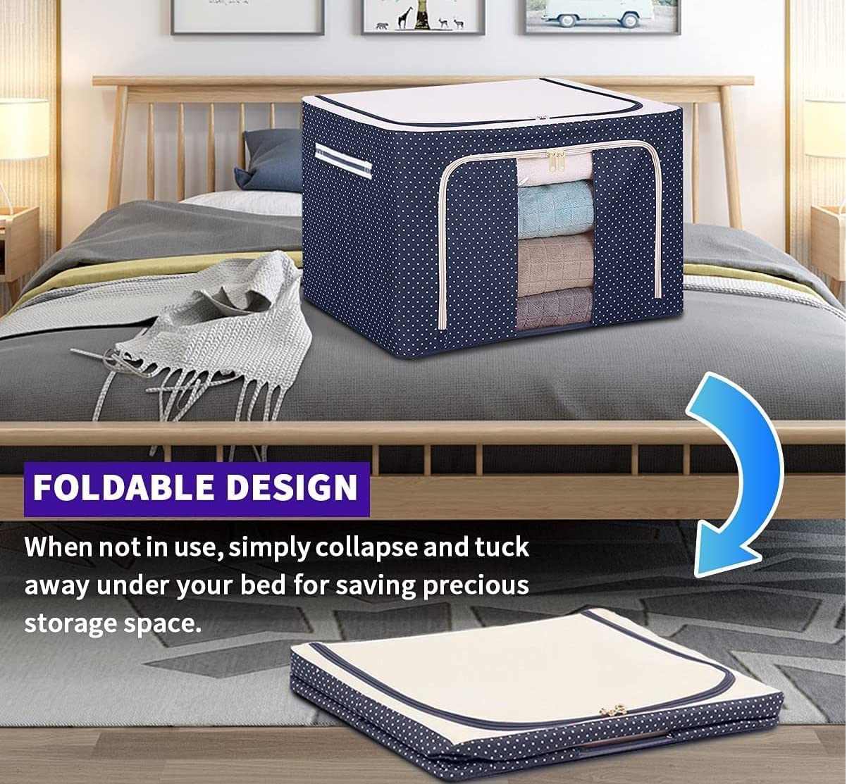 AM7717 Foldable Steel Frame Cloth Organizer for Wardrobe Organizer for Storage Sarees, Shirts, Blankets, Clothes Storage Box with Handle - Image 4