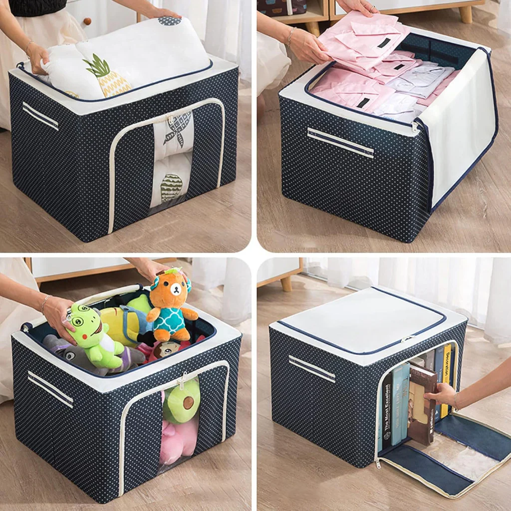 AM7717 Foldable Steel Frame Cloth Organizer for Wardrobe Organizer for Storage Sarees, Shirts, Blankets, Clothes Storage Box with Handle - Image 5