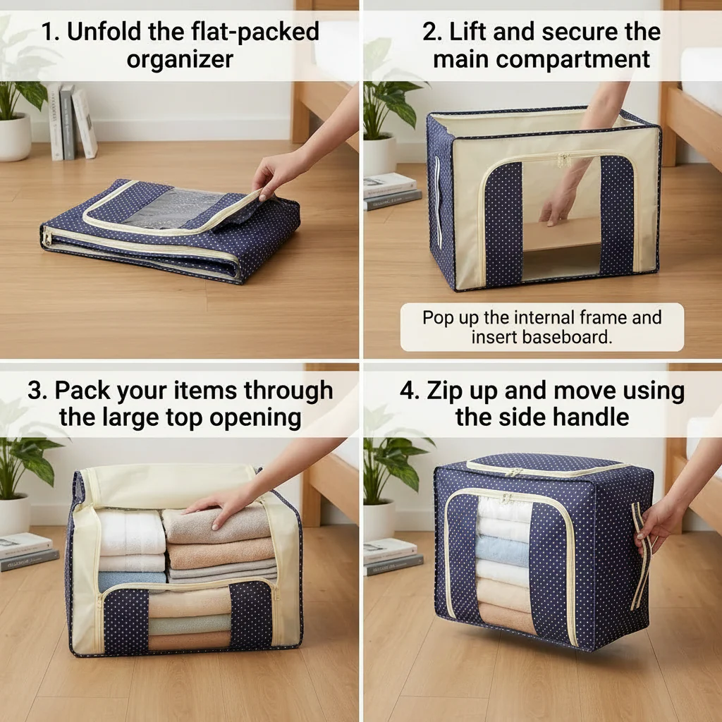 AM7717 Foldable Steel Frame Cloth Organizer for Wardrobe Organizer for Storage Sarees, Shirts, Blankets, Clothes Storage Box with Handle - Image 7
