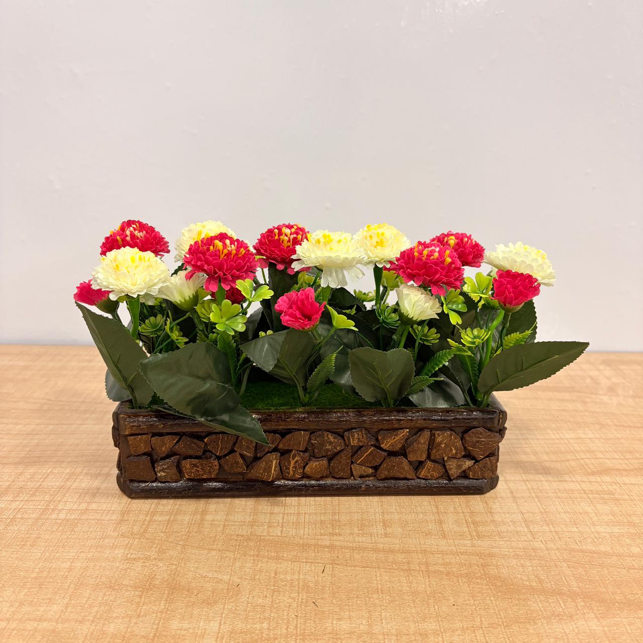 AM7773 Artificial Carnation & Rose Mini Flower Arrangements in Rustic Mosaic Wooden Planters (Set of 1) - Image 2