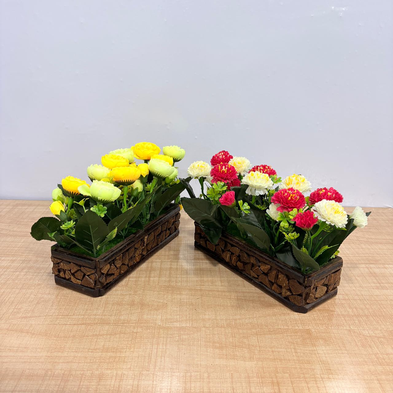 AM7773 Artificial Carnation & Rose Mini Flower Arrangements in Rustic Mosaic Wooden Planters (Set of 1) - Image 3
