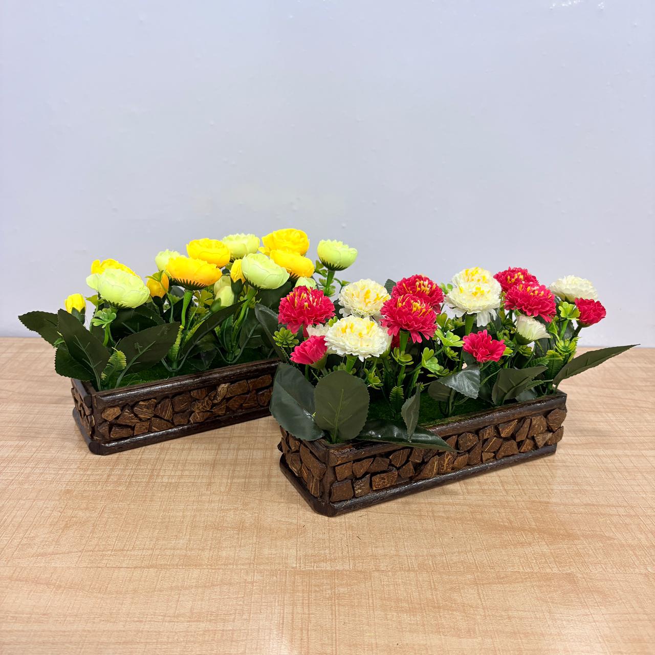 AM7773 Artificial Carnation & Rose Mini Flower Arrangements in Rustic Mosaic Wooden Planters (Set of 1) - Image 4