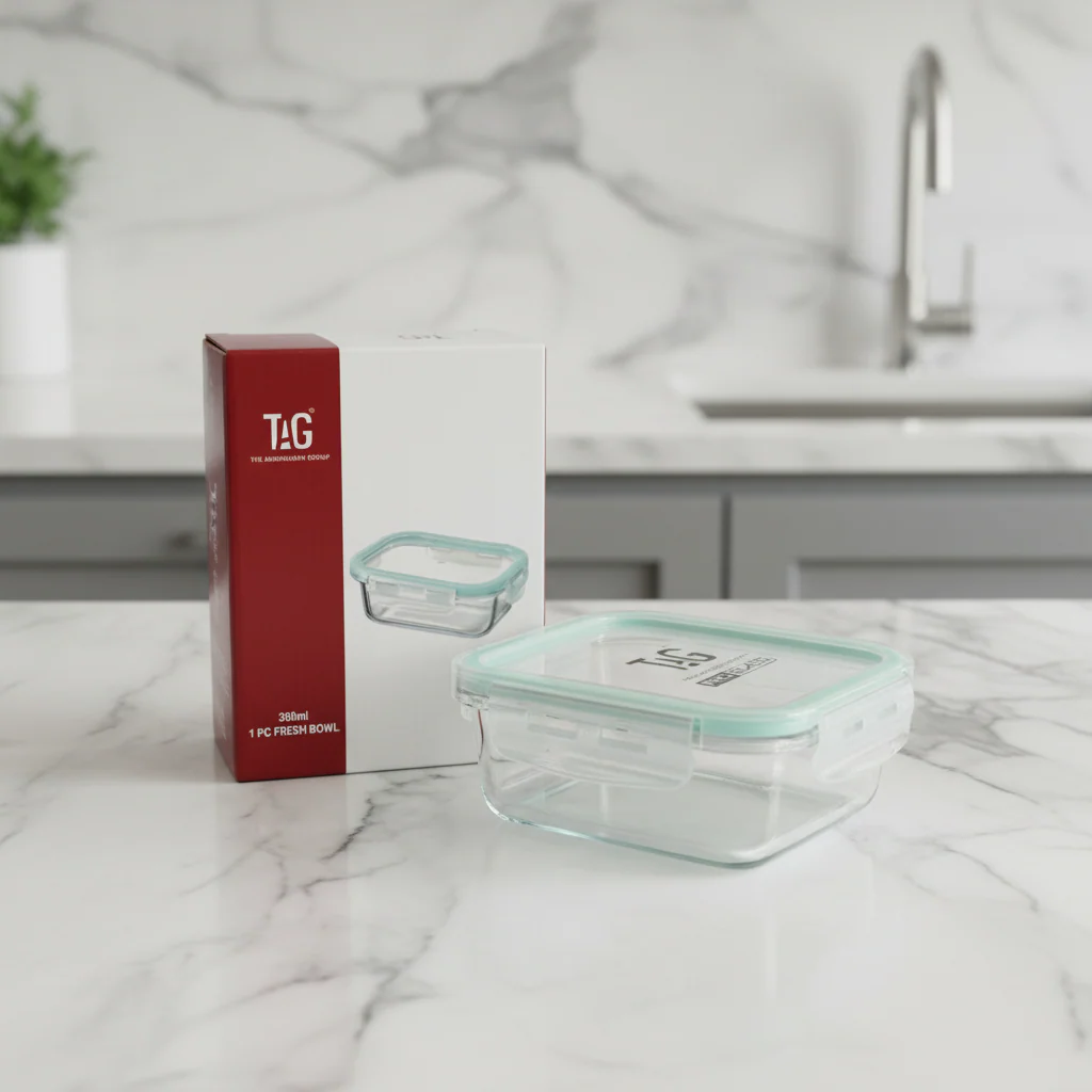 AM7798 TAG RECTANGULAR BOROSILICATE GLASS FOOD CONTAINER WITH AIRTIGHT SEALABLE LID 330ML CAPACITY