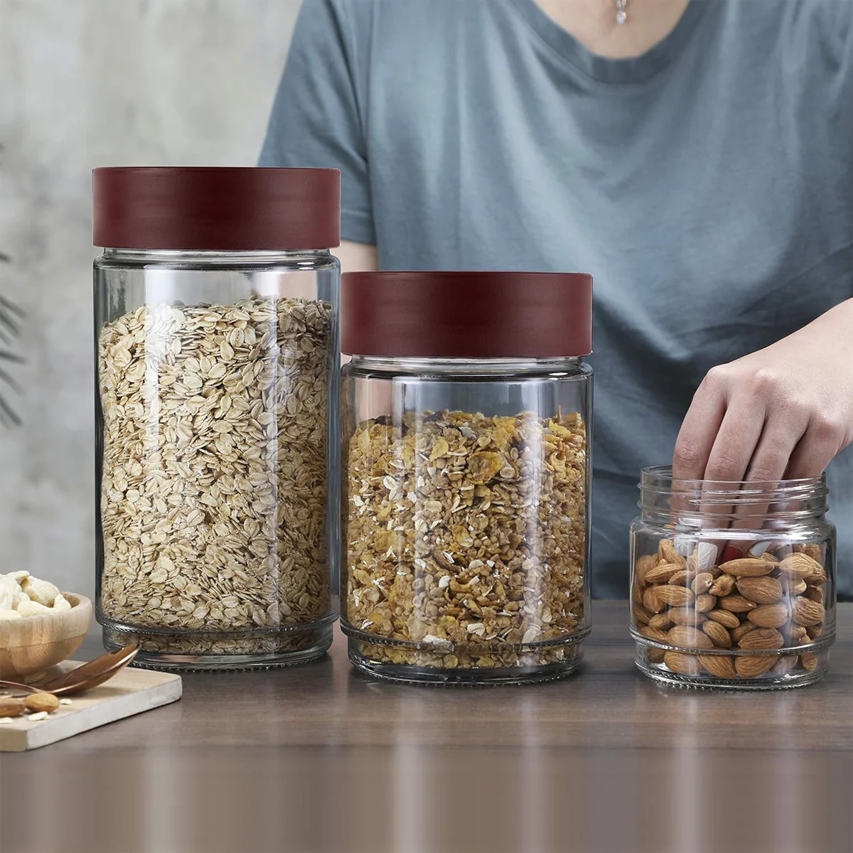 AM0663 CELLO Modustack Glassy Storage Jar | Glass Jar with Lid | Air Tight Steel Lid and Stackable | For Storage of Food, Pulses, Spice, Cereals, Cookies, Dry Food | 2000ml, Maroon - Image 6