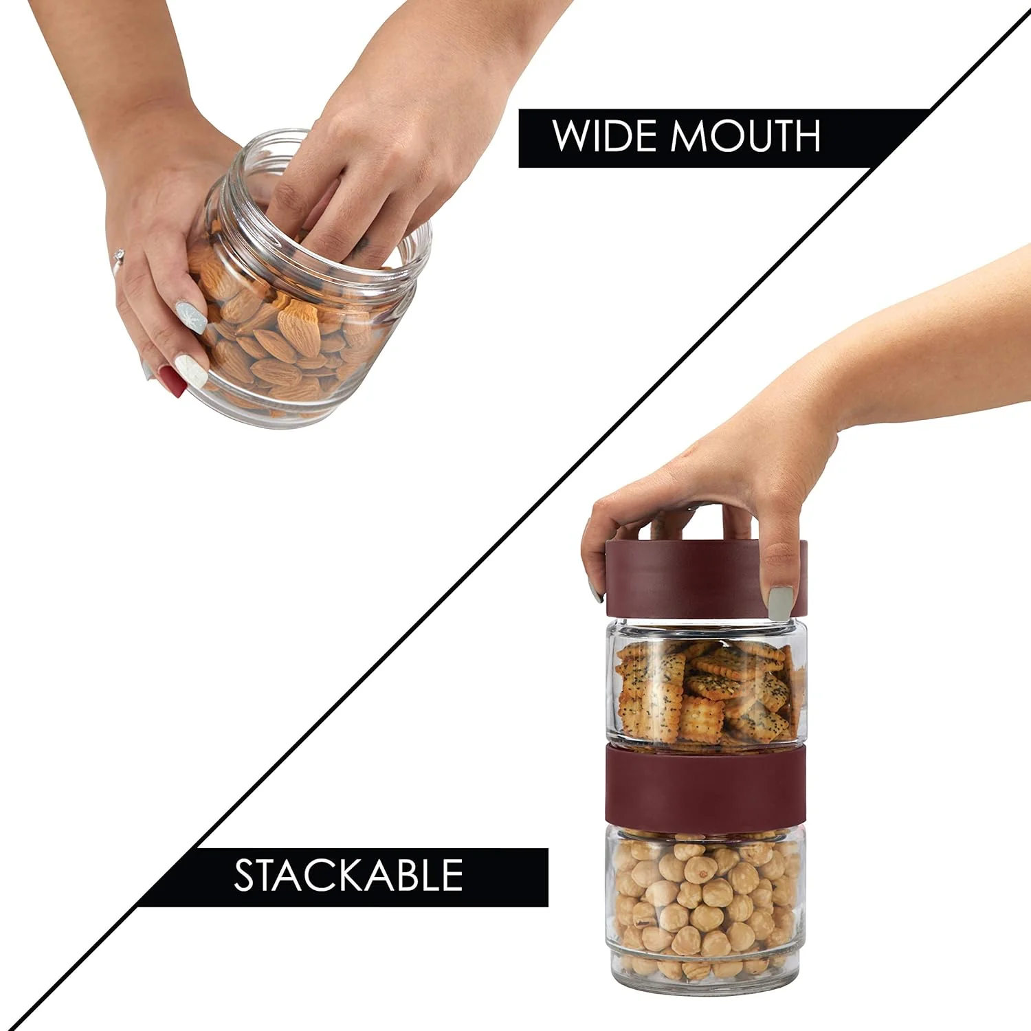 AM0655 CELLO Modustack Glassy Storage Jar | Glass Jar with Lid | Air Tight Steel Lid and Stackable | For Storage of Food, Pulses, Spice, Cereals, Cookies, Dry Food | 750ml, Maroon - Image 6