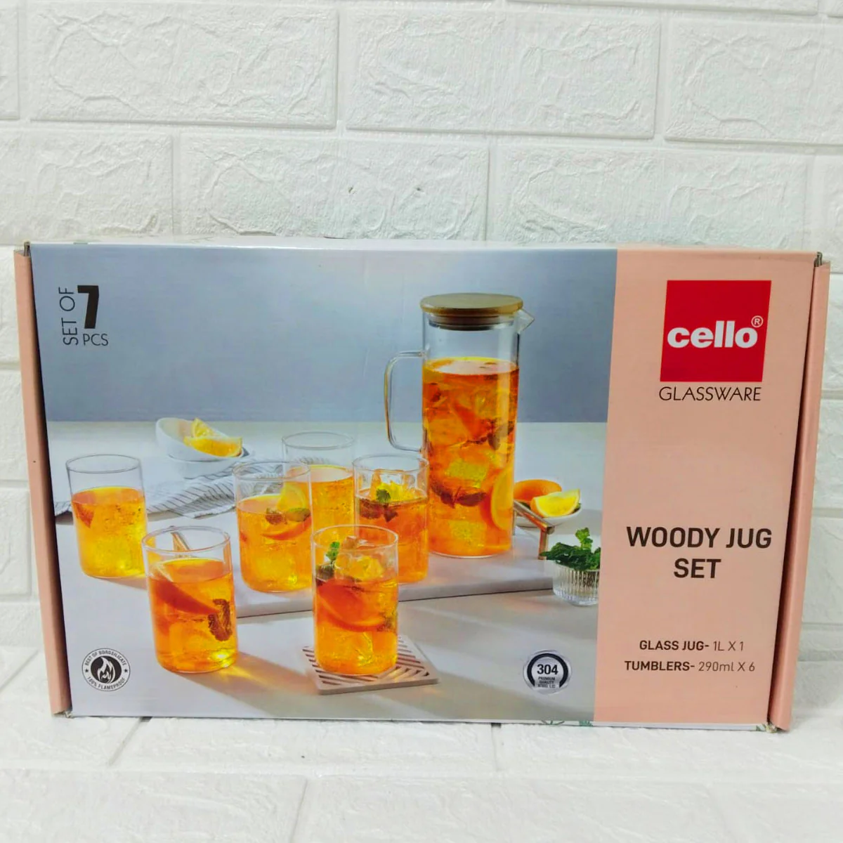 Di0248 Cello Woody Glass Jug Set, 7-Piece - 1L Jug with 6 Tumblers - Image 3