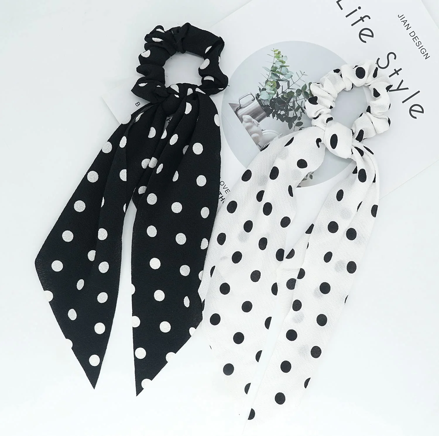 AM1040 Premium Polka Dots Hair Scarf Scrunchies, Elastic Hair Ties for Woman Girl 1 Pieces - Image 2