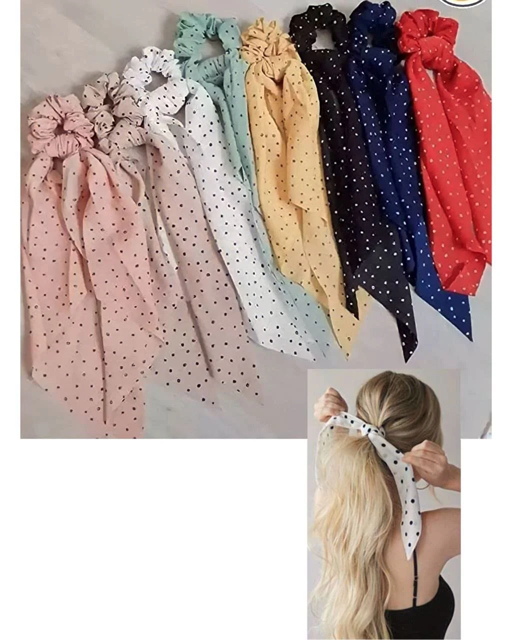AM1040 Premium Polka Dots Hair Scarf Scrunchies, Elastic Hair Ties for Woman Girl 1 Pieces - Image 6