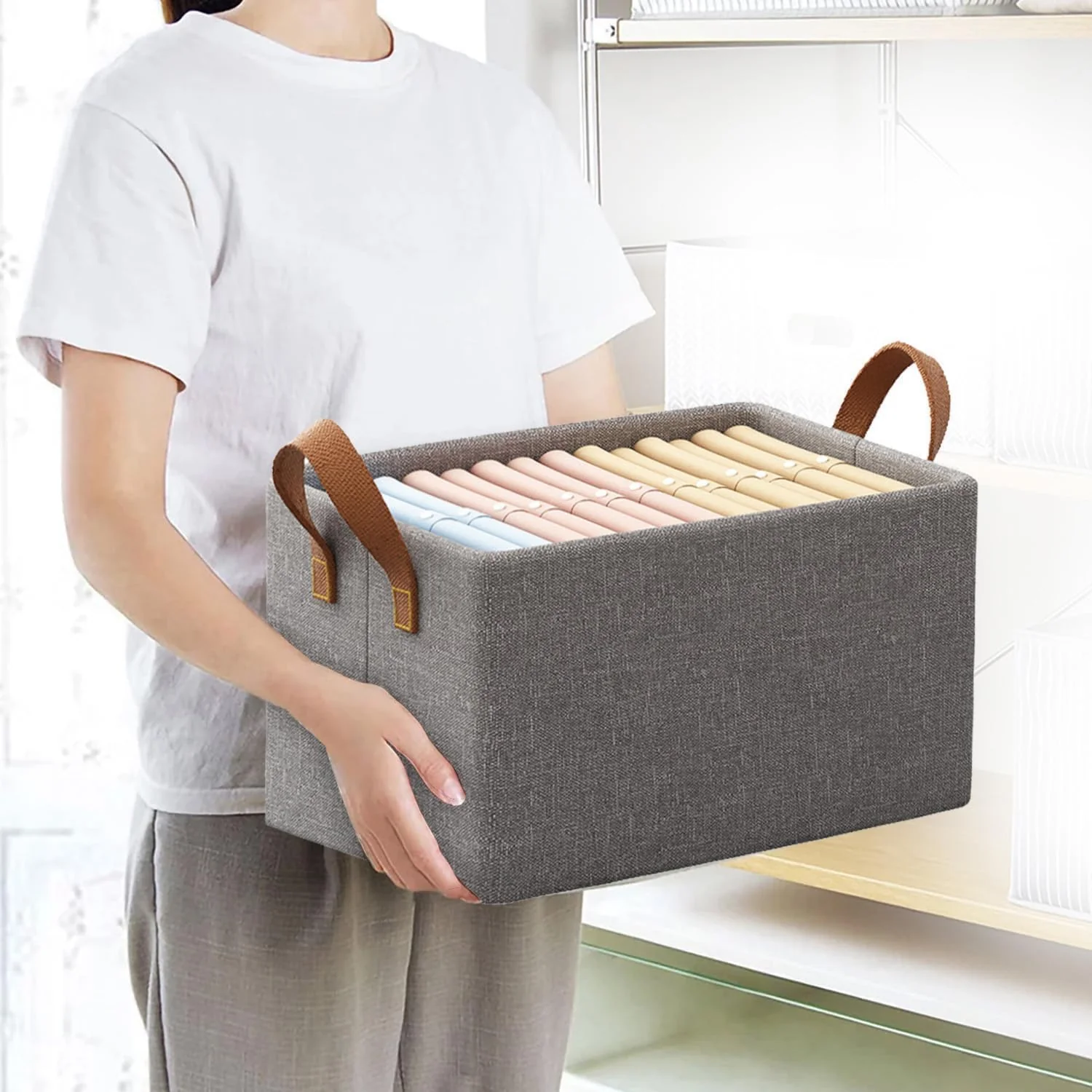 3666 Collapsible Foldable Cloth Basket with Handles - Image 10