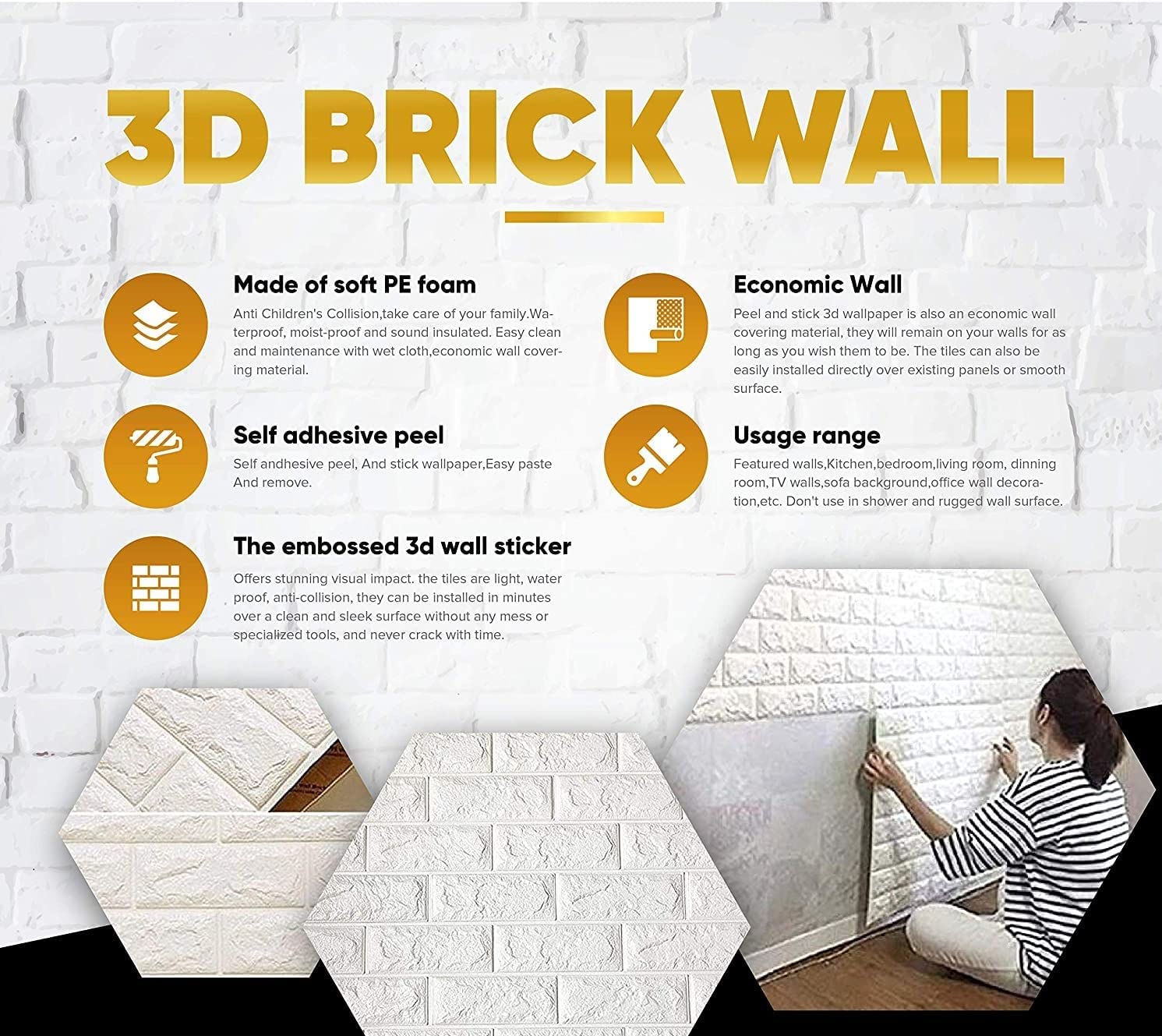AM7805 3D White Brick Wallpaper 70x78cm - Image 6