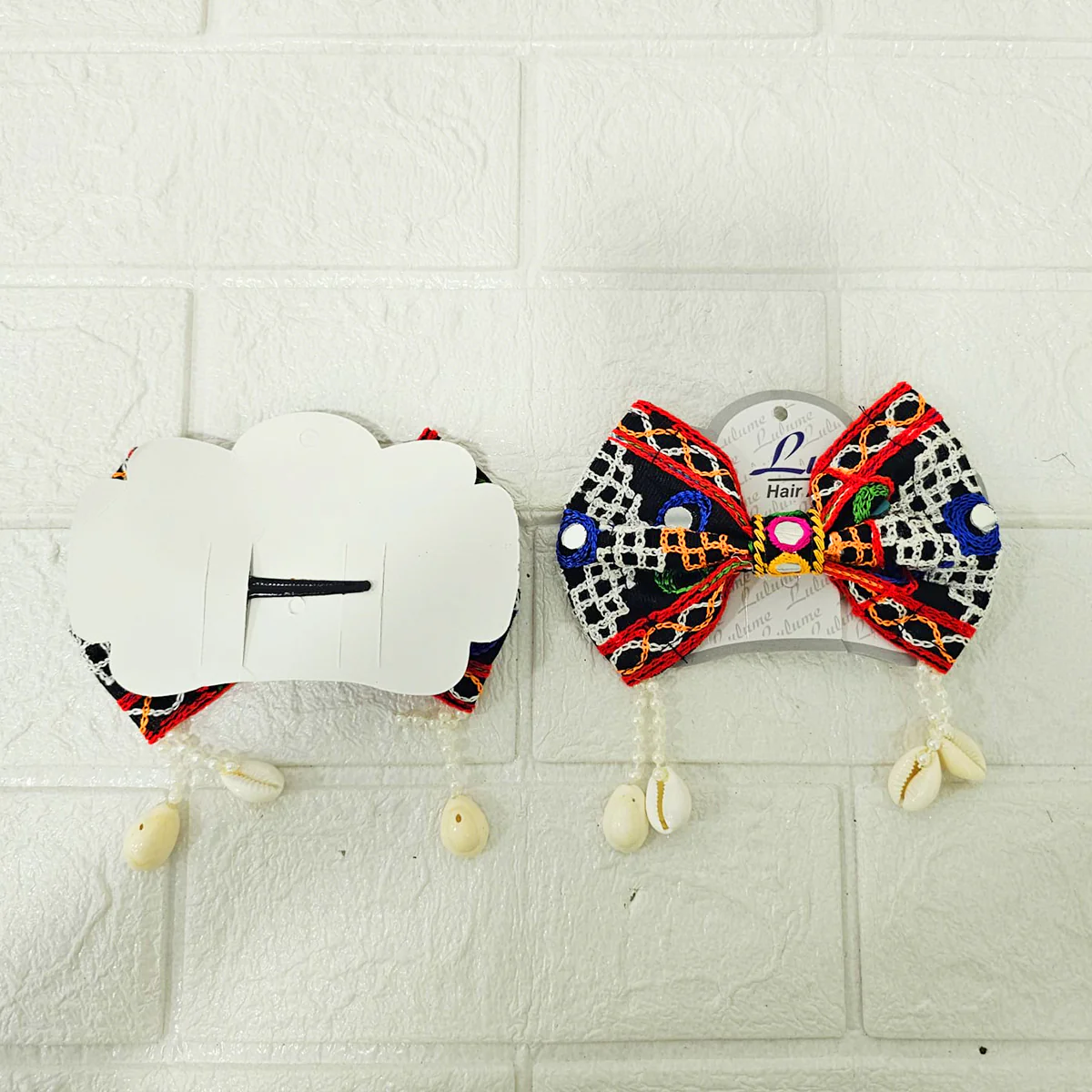 Di0040 Navratri MIx Design Embroidered Bow Hair Clip with Mirror Work & Hanging Shell Beads - Image 3