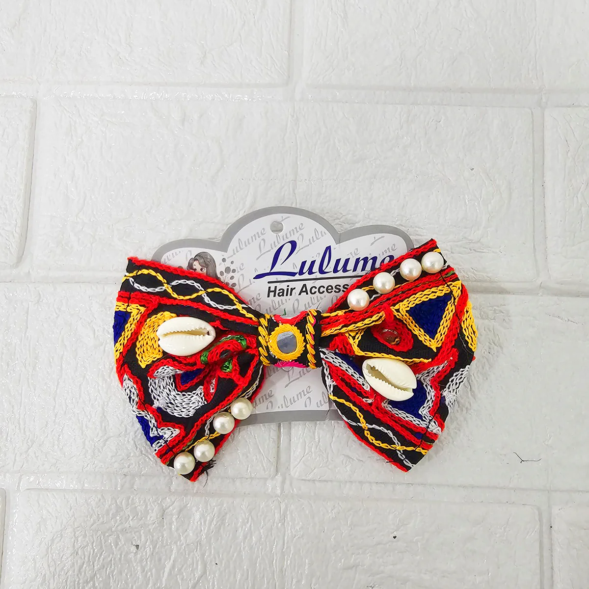 Di0040 Navratri MIx Design Embroidered Bow Hair Clip with Mirror Work & Hanging Shell Beads - Image 6
